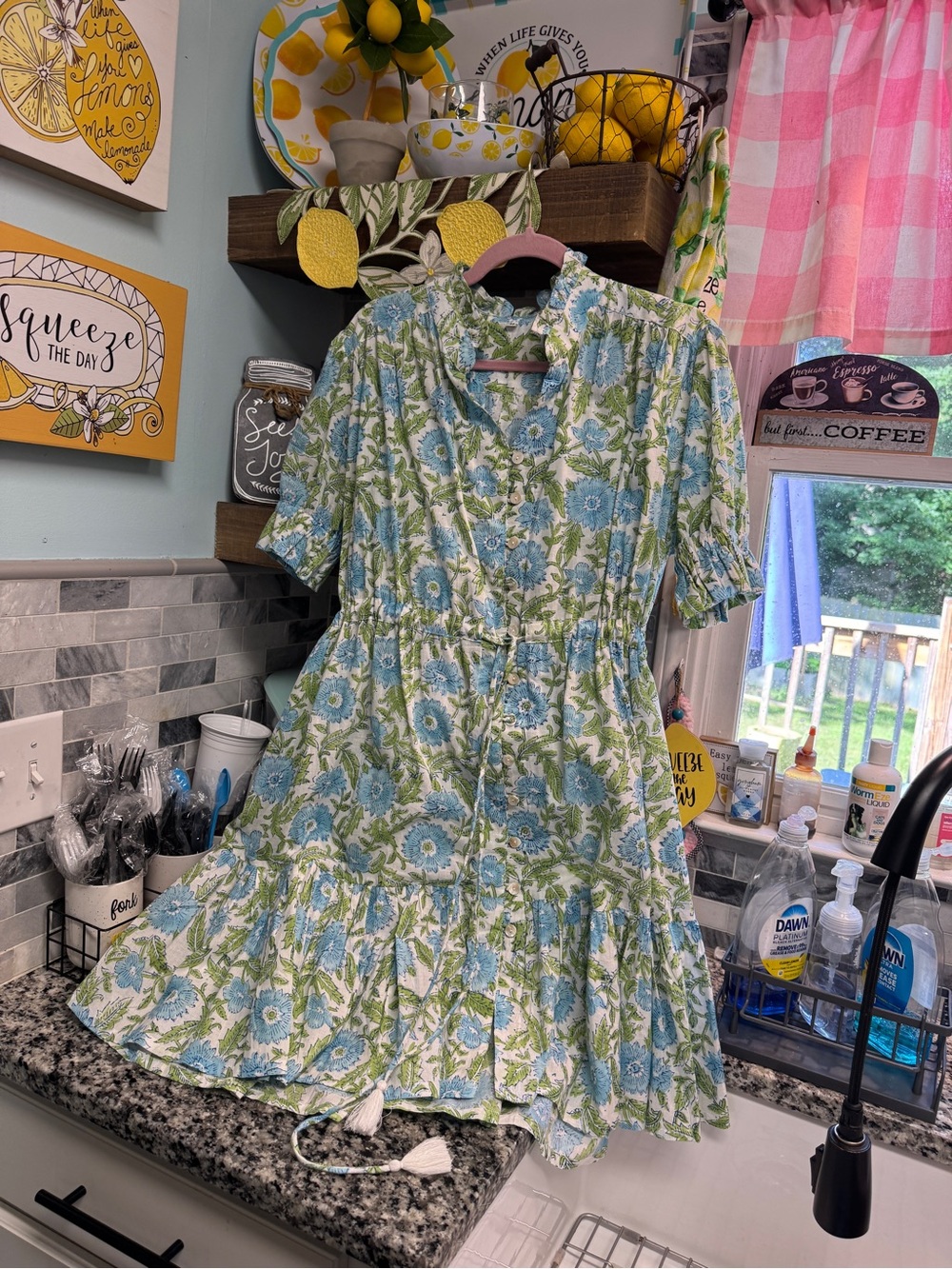 India print block M dress with ruffles on sleeves & neck - Picture 2 of 12